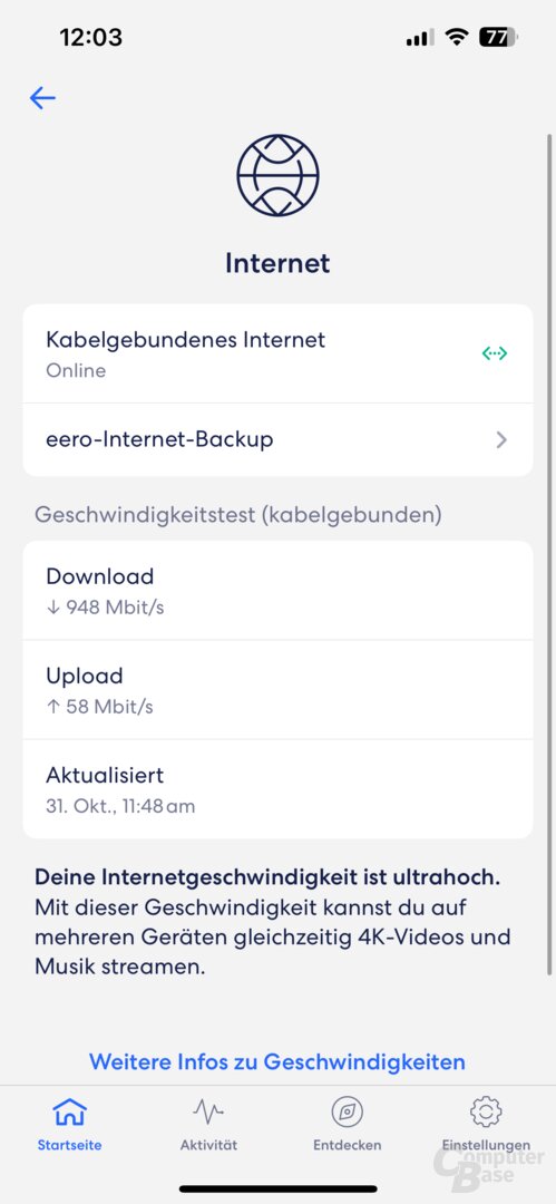 Automatische Messung der Internetverbindung über den eero Max 7