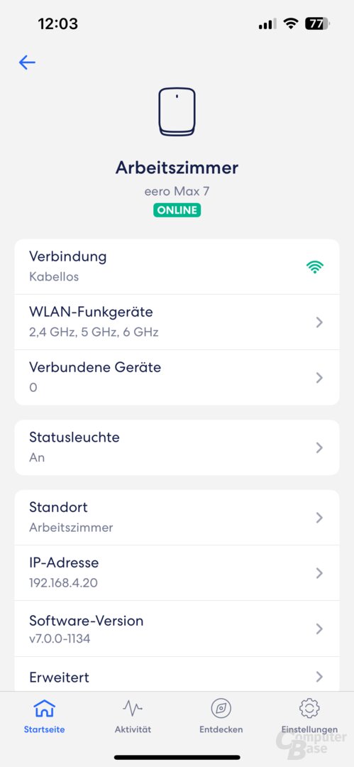 Eigenschaften eines eero Max 7 in der App